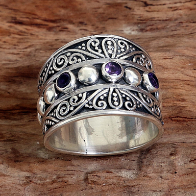 Amethyst band ring, 'Lucky Trio' - Hand Made Sterling Silver Amethyst Band Ring Indonesia