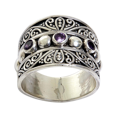Amethyst band ring, 'Lucky Trio' - Hand Made Sterling Silver Amethyst Band Ring Indonesia