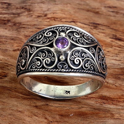 Amethyst band ring, 'Purple Swirls' - Sterling Silver and Amethyst Band Ring from Indonesia