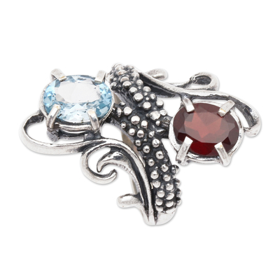 Garnet and blue topaz cocktail ring, 'Magical Union' - Garnet and Blue Topaz Cocktail Ring from Indonesia