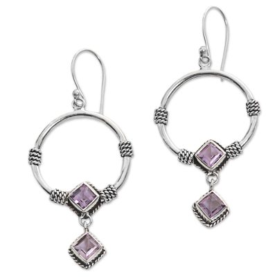Amethyst dangle earrings, 'Rings of Happiness in Purple' - Sterling Silver Amethyst Dangle Earrings from Indonesia