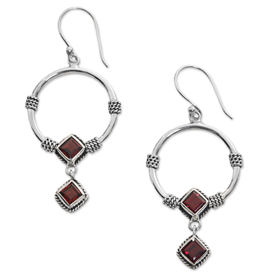 Garnet dangle earrings, 'Rings of Happiness in Red' - Sterling Silver and Garnet Dangle Earrings from Indonesia
