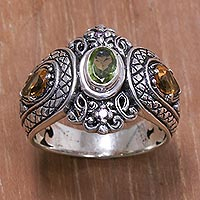 Multi-gemstone cocktail ring, 'Bali's Crown' - Peridot Citrine and Amethyst Sterling Silver Cocktail Ring