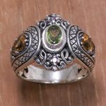 Multi-gemstone cocktail ring, 'Bali's Crown' - Peridot Citrine and Amethyst Sterling Silver Cocktail Ring