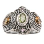 Multi-gemstone cocktail ring, 'Bali's Crown' - Peridot Citrine and Amethyst Sterling Silver Cocktail Ring