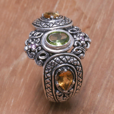 Multi-gemstone cocktail ring, 'Bali's Crown' - Peridot Citrine and Amethyst Sterling Silver Cocktail Ring