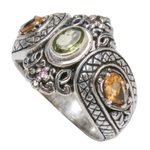 Multi-gemstone cocktail ring, 'Bali's Crown' - Peridot Citrine and Amethyst Sterling Silver Cocktail Ring