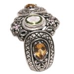 Multi-gemstone cocktail ring, 'Bali's Crown' - Peridot Citrine and Amethyst Sterling Silver Cocktail Ring