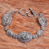 Sterling Silver Link Bracelet with Floral Motif,'Lotus Chain'
