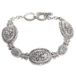 Sterling silver link bracelet, 'Lotus Chain' - Sterling Silver Link Bracelet with Floral Motif
