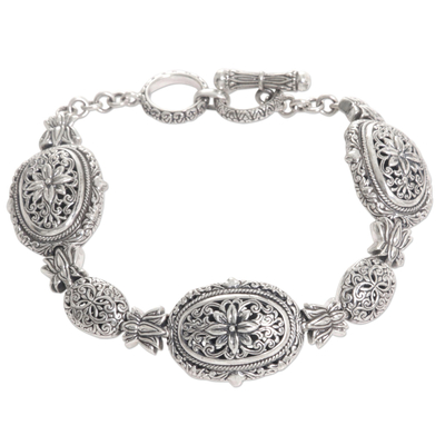 Sterling Silver Link Bracelet with Floral Motif - Lotus Chain | NOVICA
