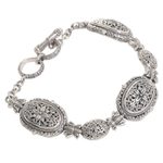 Sterling silver link bracelet, 'Lotus Chain' - Sterling Silver Link Bracelet with Floral Motif