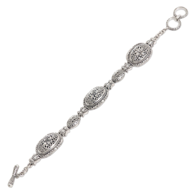 Sterling silver link bracelet, 'Lotus Chain' - Sterling Silver Link Bracelet with Floral Motif