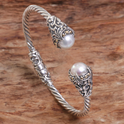 Gold accented cultured pearl cuff bracelet, 'Twin Moonbeams' - Mabe Pearl Sterling SIlver Cuff Bracelet from Bali