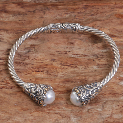 Gold accented cultured pearl cuff bracelet, 'Twin Moonbeams' - Mabe Pearl Sterling SIlver Cuff Bracelet from Bali