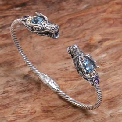 Gold accented blue topaz and amethyst cuff bracelet, Dragon Heads
