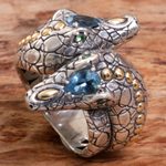 Gold accented blue topaz and tsavorite cocktail ring, 'Serpentine Heads' - Gold Accent Blue Topaz Tsavorite Cocktail Ring Indonesia