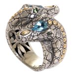 Gold accented blue topaz and tsavorite cocktail ring, 'Serpentine Heads' - Gold Accent Blue Topaz Tsavorite Cocktail Ring Indonesia