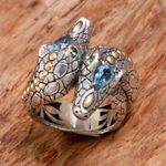 Gold accented blue topaz and tsavorite cocktail ring, 'Serpentine Heads' - Gold Accent Blue Topaz Tsavorite Cocktail Ring Indonesia