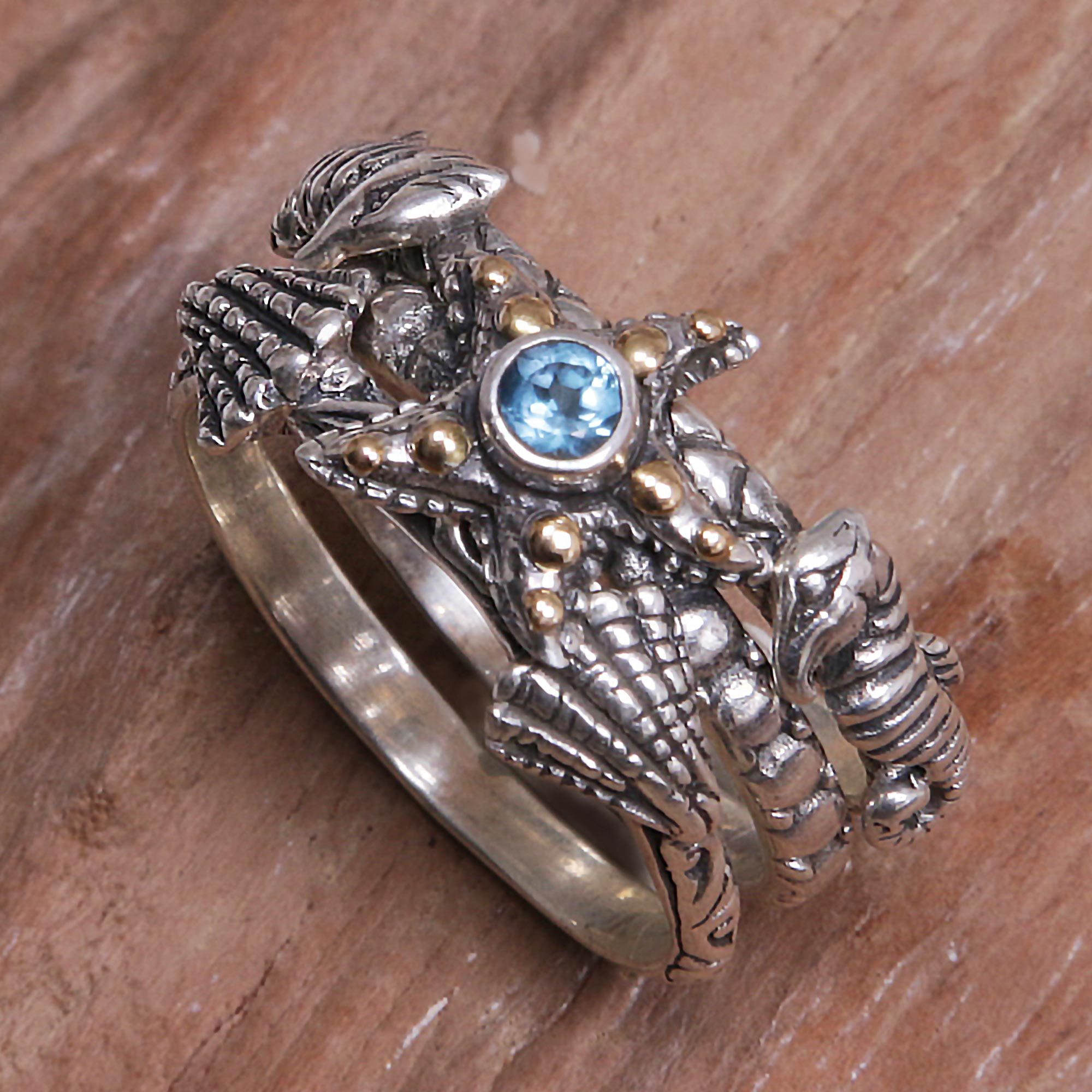 3 Blue Topaz Sterling Silver Ocean Themed Stacking Rings - Sea Life