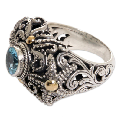 Gold accented blue topaz cocktail ring, 'Whimsical Sea' - Artisan Crafted Gold Accent Blue Topaz Cocktail Ring