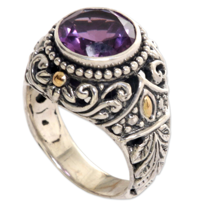 Gold accented amethyst cocktail ring, 'Leafy Purple' - Gold Accent Amethyst Leaf Motif Cocktail Ring from Indonesia