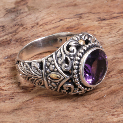 Gold accented amethyst cocktail ring, 'Leafy Purple' - Gold Accent Amethyst Leaf Motif Cocktail Ring from Indonesia