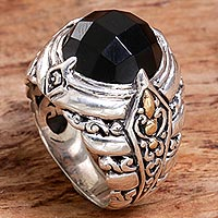 Gold accented onyx cocktail ring, 'Black Majestic' - Gold Accented Sterling Silver Onyx Cocktail Ring