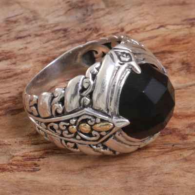 Gold accented onyx cocktail ring, 'Black Majestic' - Gold Accented Sterling Silver Onyx Cocktail Ring