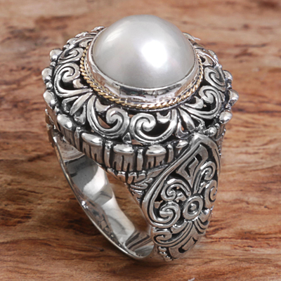 Anillo de cóctel con perlas cultivadas - Anillo de cóctel de plata de ley con perlas mabe cultivadas