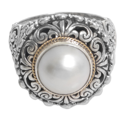Cultured pearl cocktail ring, 'Romantic Moonlight' - Cultured Mabe Pearl Sterling Silver Cocktail Ring