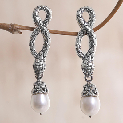 Cultured pearl dangle earrings, 'Snake Charms' - Sterling Silver and Cultured Freshwater Pearl Snake Earrings