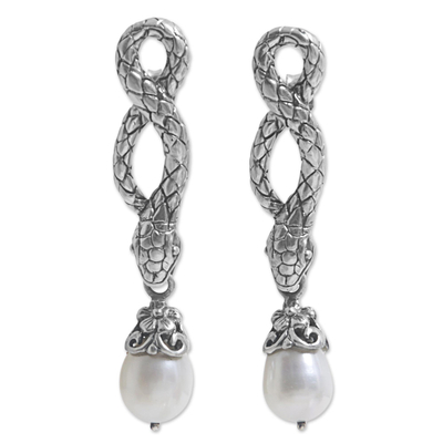 Aretes colgantes de perlas cultivadas - Aretes de serpiente de plata esterlina y perlas cultivadas de agua dulce