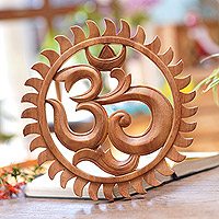 Wood relief panel, 'Sunny Om' - Hand Carved Wood Relief Panel Sunny Om from Indonesia