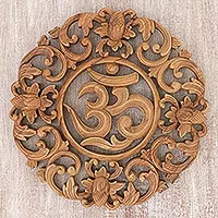 Panel de relieve de madera, 'Flower Om' - Panel de relieve de pared de madera hecho a mano de Om floral de Indonesia