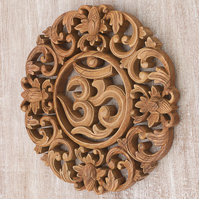 Wood relief panel, 'Flower Om' - Hand Made Wood Wall Relief Panel of Floral Om from Indonesia