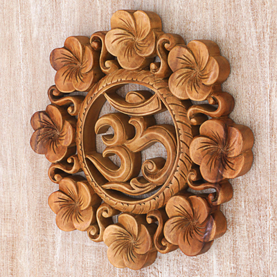 Wood relief panel, 'Blooming Om' - Suar Wood Wall Relief Panel Floral Om from Indonesia