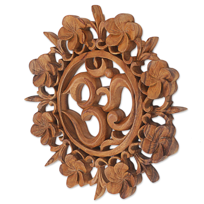 Wood wall relief, 'Om is Life' - Hand Carved Wood Wall Relief Floral Om from Indonesia