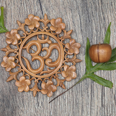 Wood wall relief, 'Om is Life' - Hand Carved Wood Wall Relief Floral Om from Indonesia