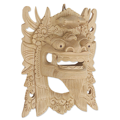 Wood mask, 'Our Lion Guardian' - Handcarved Jempinis Wood Mask Barong Ket Wall Decor