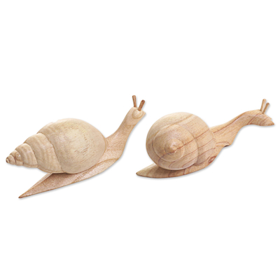 Wood snail sculptures, 'Shells Aside' (pair) - Natural Jempinis Wood Pair of Snails Table Sculpture