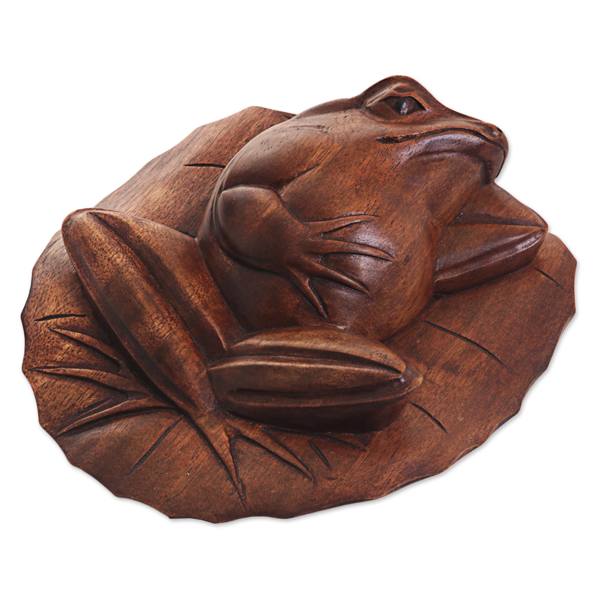 Hand Carved Suar Wood Sunbathing Frog on Lily Pad Sculpture