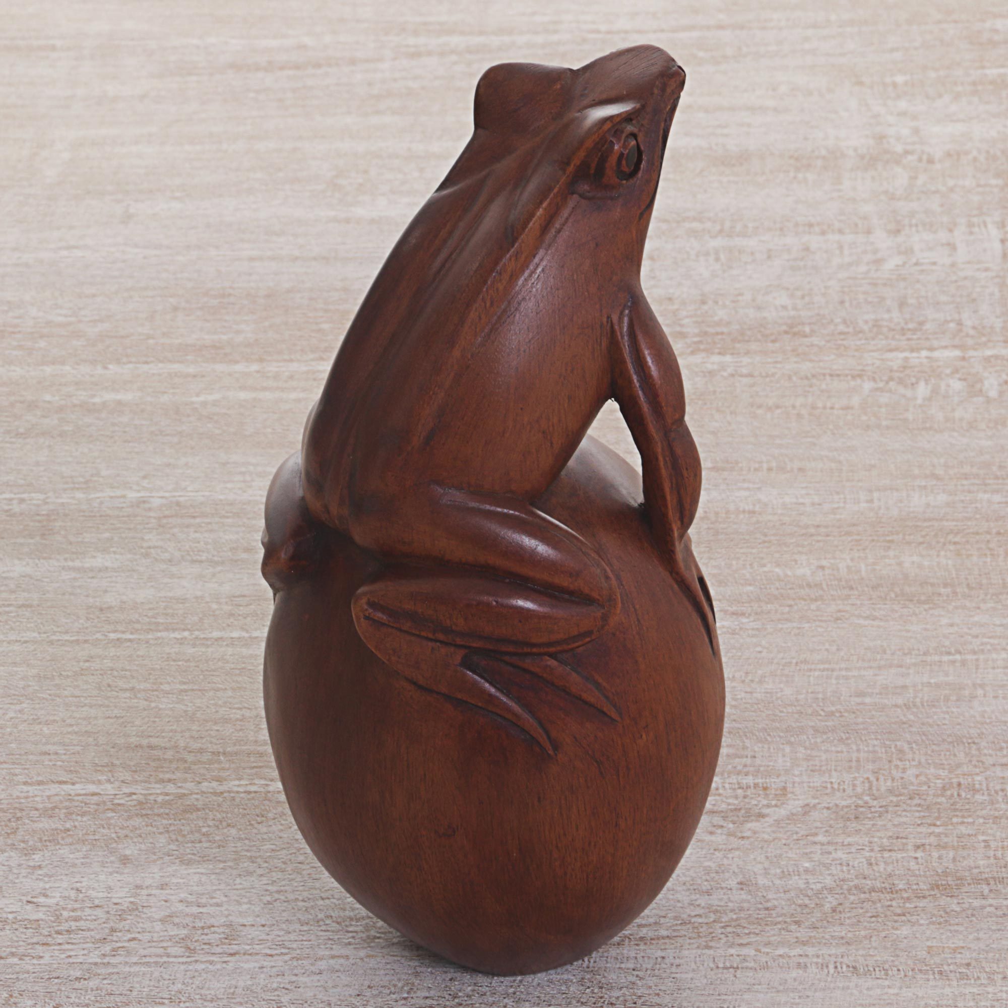 Hand Carved Suar Wood Frog on Pebble Sculpture Proud Frog NOVICA