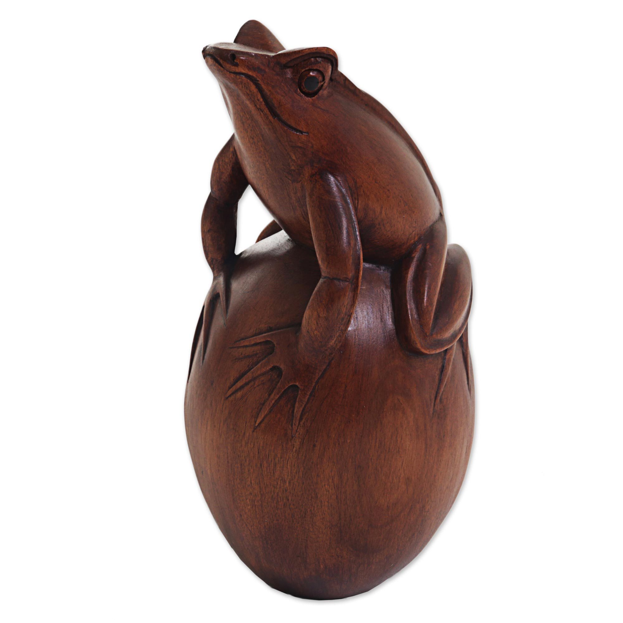Hand Carved Suar Wood Frog on Pebble Sculpture Proud Frog NOVICA