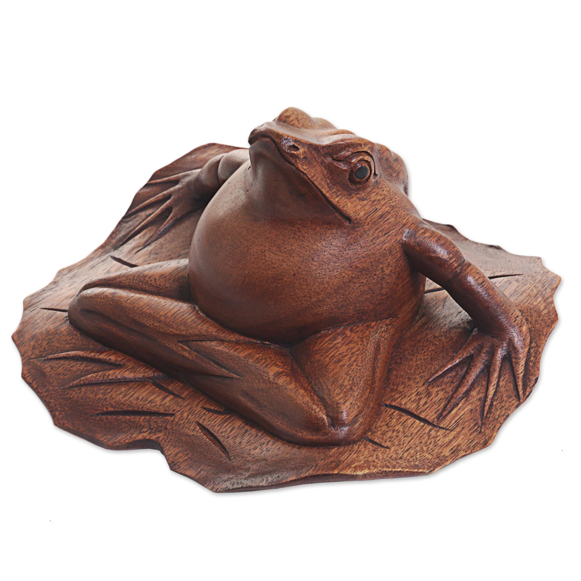Hand Carved Suar Wood Croaking Frog on Lily Pad Sculpture Croaking