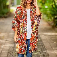 Rayon robe, 'Brush Fire' - Multicolored Floral Rayon Robe in Brick from Indonesia