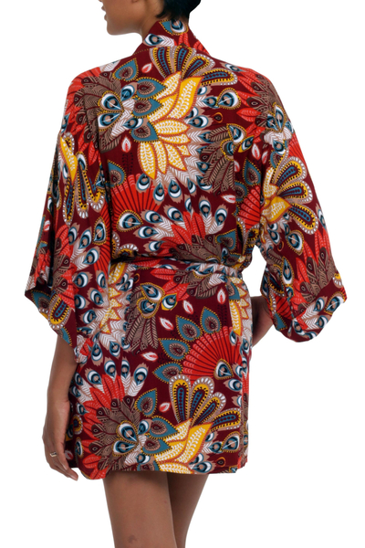Rayon robe, 'Brush Fire' - Multicolored Floral Rayon Robe in Brick from Indonesia