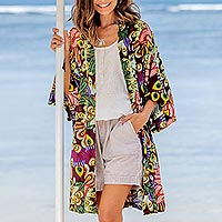 Multicolored Floral Rayon Robe in Rosewood from Indonesia,'Jungle Groove'