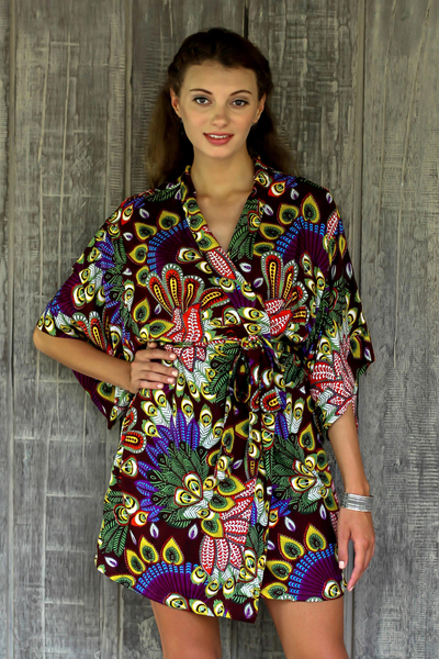 Robe aus Rayon - Mehrfarbiger, floraler Rayon-Bademantel aus Palisander aus Indonesien