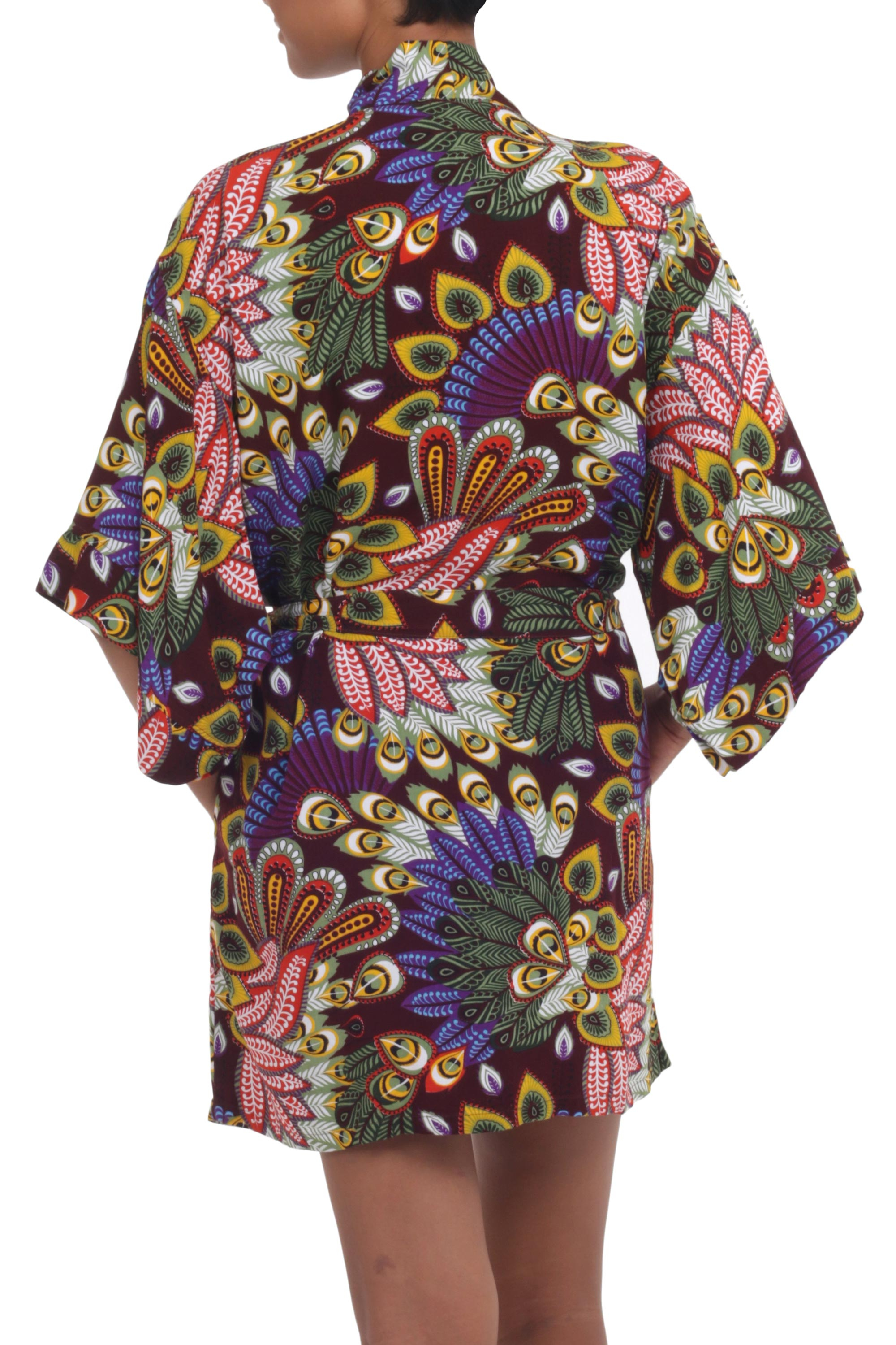 Multicolored Floral Rayon Robe in Rosewood from Indonesia - Jungle ...